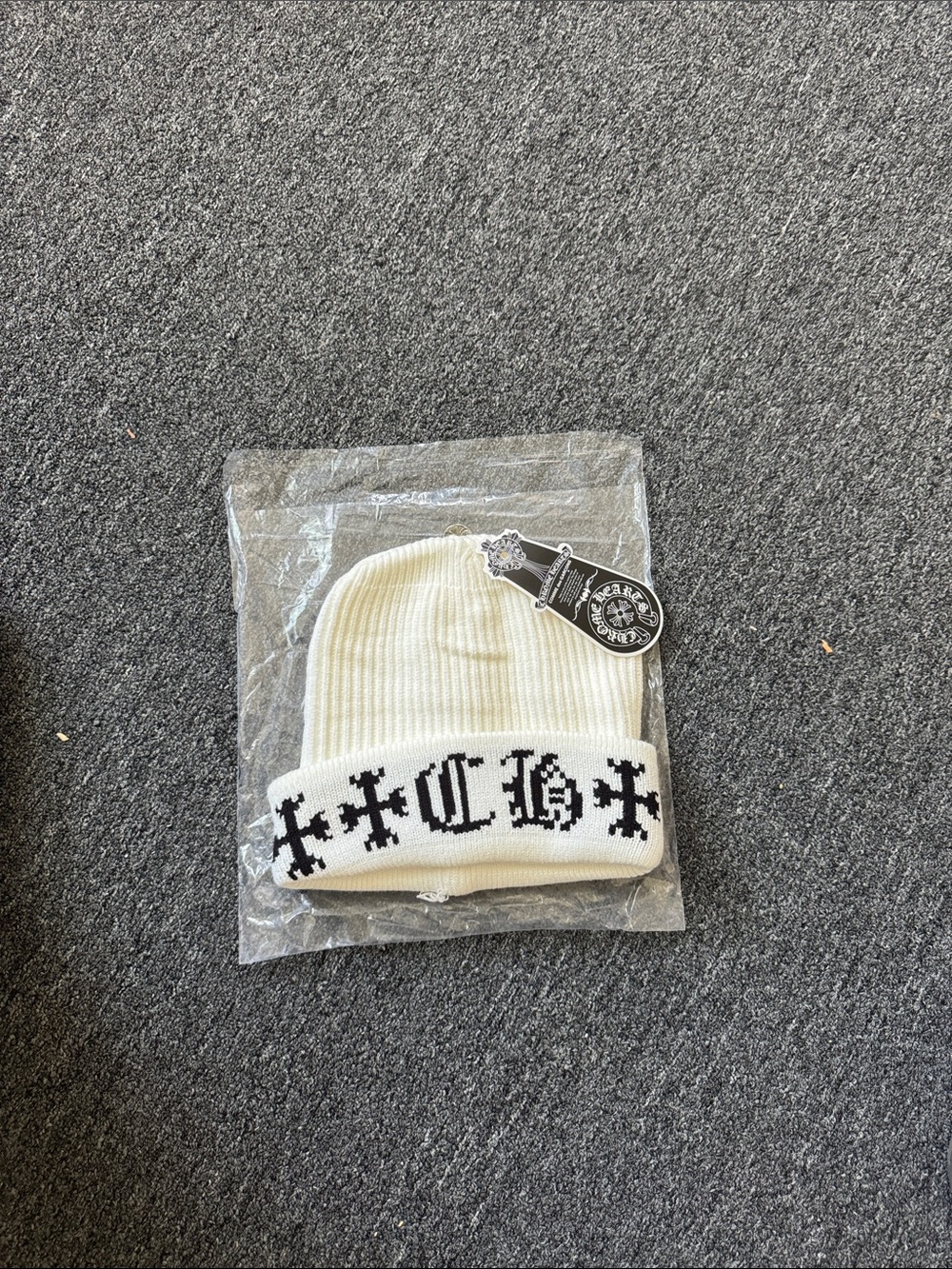 Chrome Hearts Kids White Beanie with Black Gothic Logo